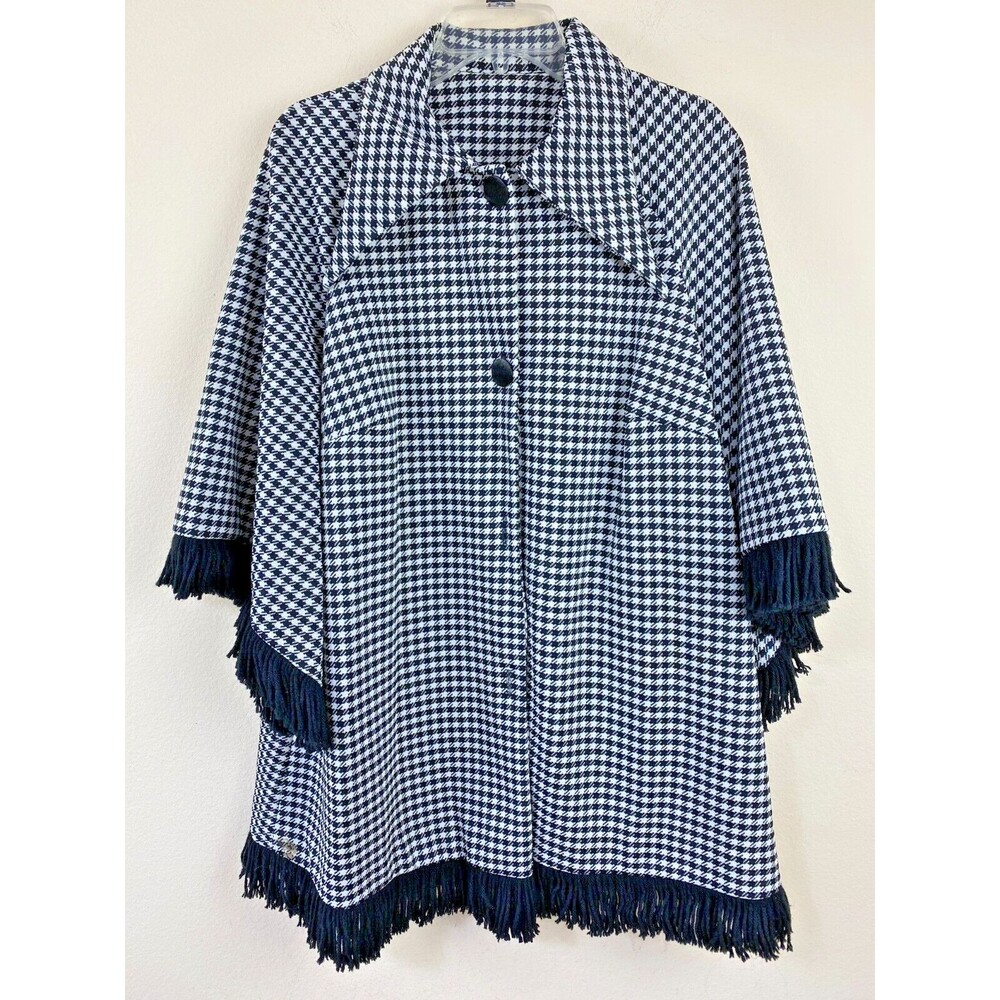 Women’s Jacket 1X Gray Houndstooth Fringe 3/4 Raglan Sleeve Cape Coat Plus Sz